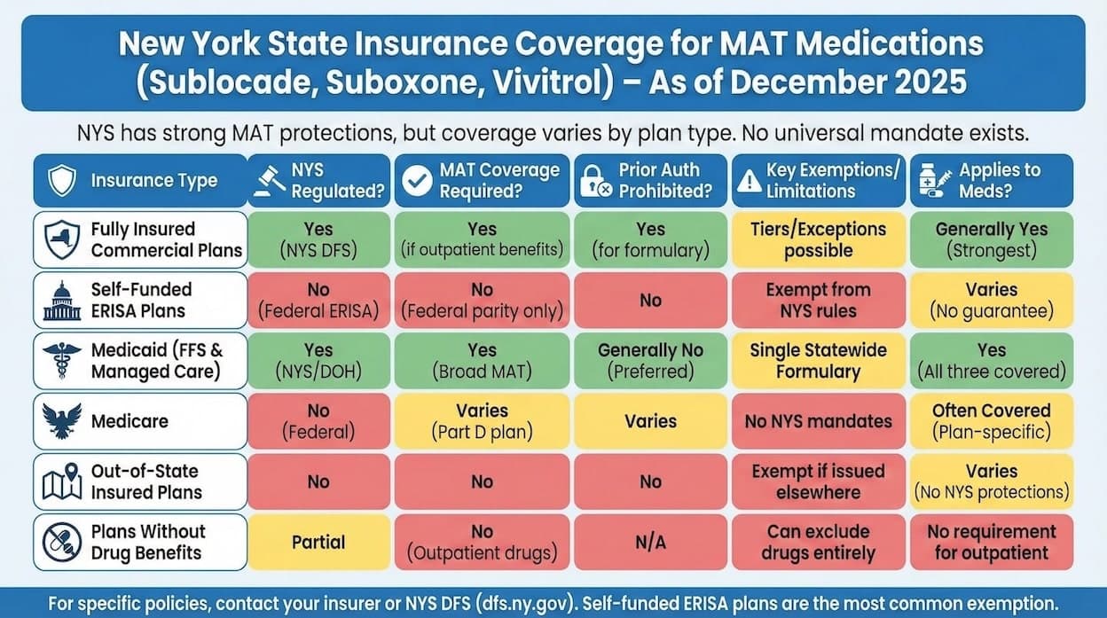 NYS MAT Mandates: Suboxone, Sublocade & Vivitrol Regulation Details Infographic on New York State insurance mandates for MAT coverage including Suboxone, Sublocade, Vivitrol | Integrity Treatment Partners