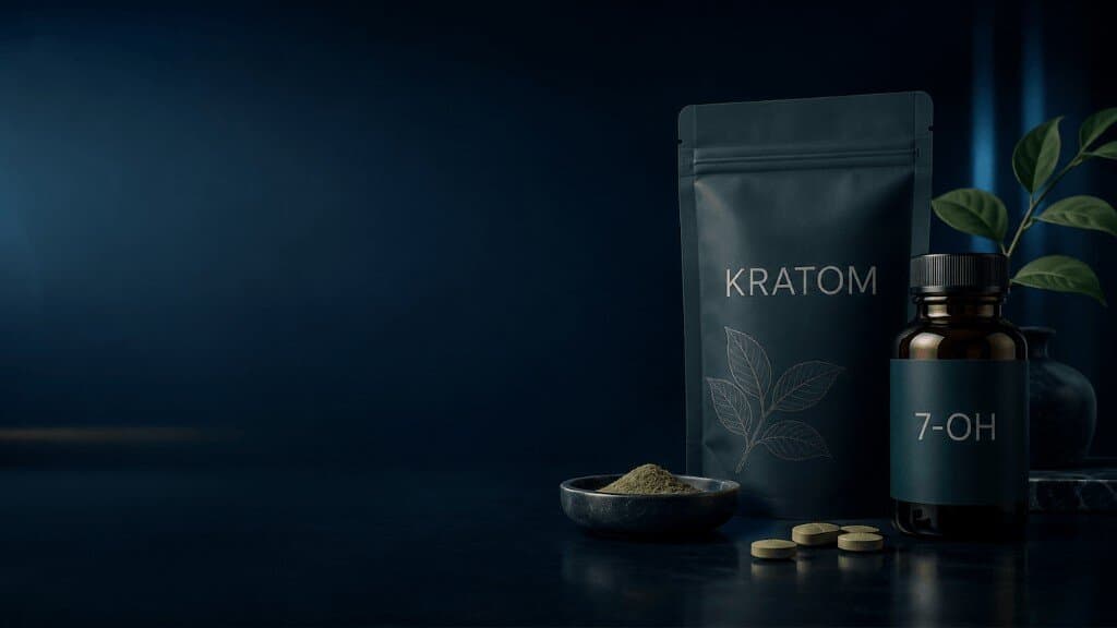 Kratom pouch and 7-OH bottle on a dark studio background representing outpatient treatment for kratom and 7-OH dependence | Integrity Treatment Partners, Baldwin, NY